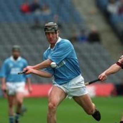 Dennis Byrne. All Ireland and All Star winner with Kilkenny. Won two county titles with Graigue Ballycallan. Here he is seen wearing the light blue jersey of Graigue Ballycallan. 